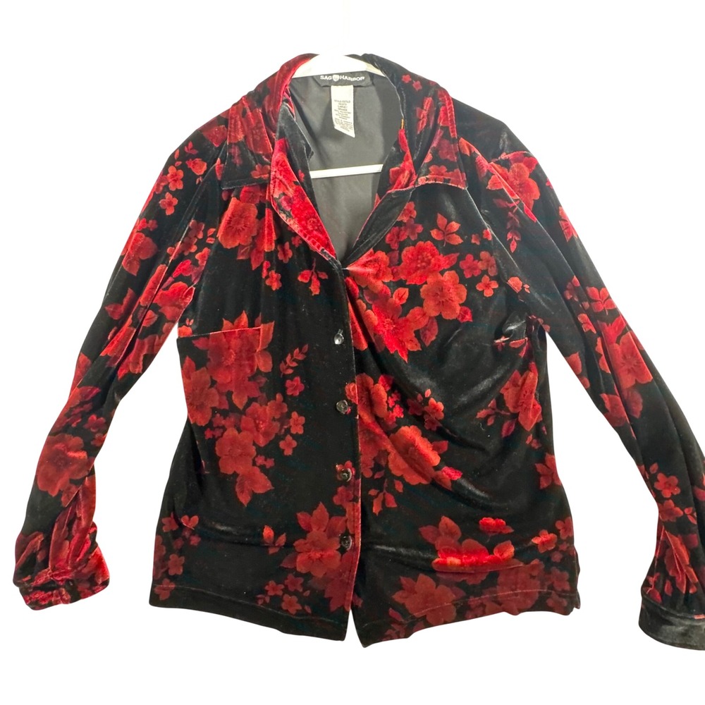 VTG Y2K Button Up Shirt Women Large Black Red Floral Velvet Goth Whimsigoth